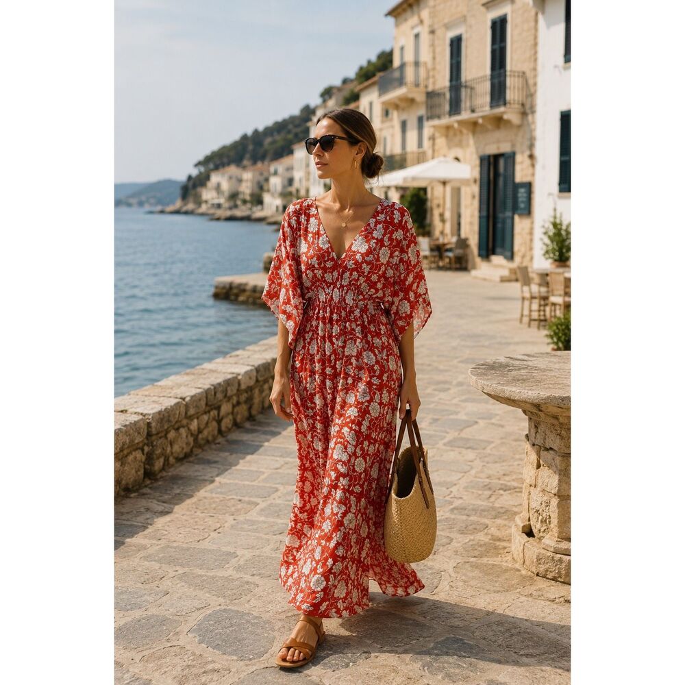 NWT Rujuta Sheth Womens Red Floral Marie Cinched Kaftan Dress Size M/L